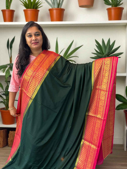 Mysore Semi Crepe Elegant border design - Bottle Green with Red (Copy)