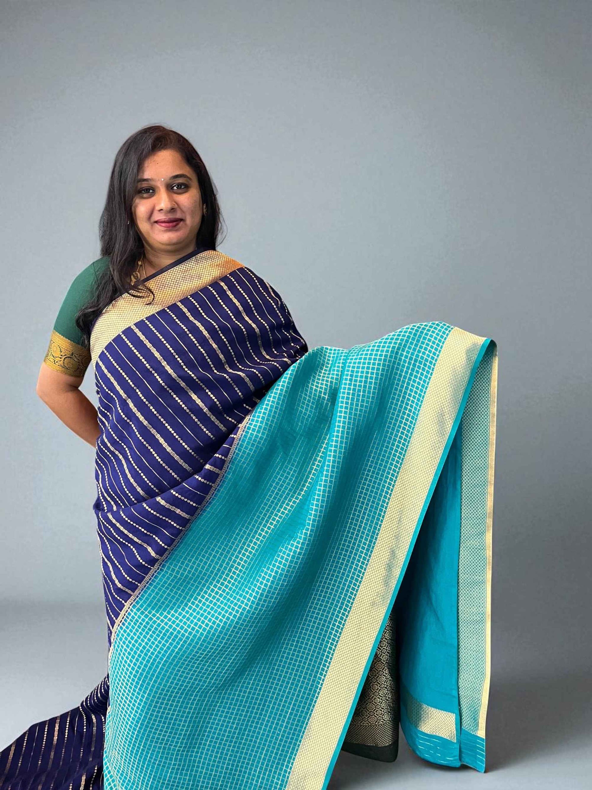 Mysore Semi Crepe Half and Half - Green with Red